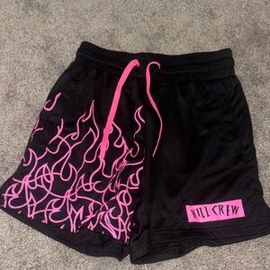 Kill Crew Black Shorts with Hot Pink Flame Graphics